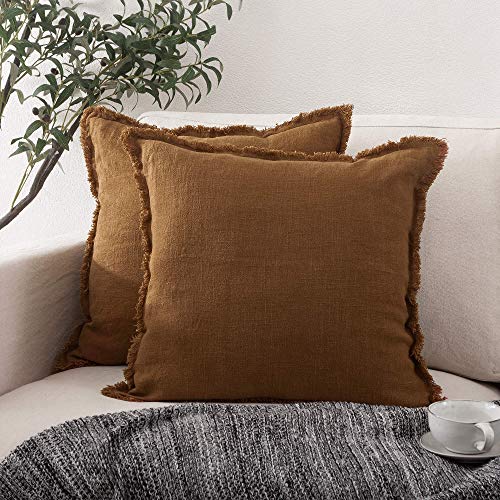 ATLINIA Linen Decorative Throw Pillow Cover 20'' x 20'' Fringed Throw Pillow Cover Pillow Cases Accent Pillows for Bed Brown Pillow Cover