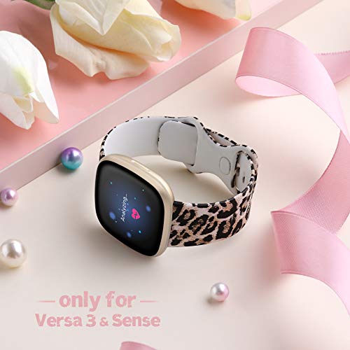 Maledan Compatible with Fitbit Sense & Fitbit Versa 3 Bands Women Girls, Stylish Flower Printed Strap Replacement for Fitbit Versa 3/Versa 4/Sense 2/Sense Smart Watch Accessories, Small Leopard
