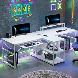 sedeta 94.5" white computer desk, two person gaming desk with led light, keyboard tray, power strip with usb, monitor shelf & storage, extra long double desk for home office, white.