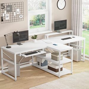 SEDETA 94.5" White Computer Desk, Two Person Gaming Desk with LED Light, Keyboard Tray, Power Strip with USB, Monitor Shelf & Storage, Extra Long Double Desk for Home Office, White.