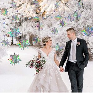 3D Iridescent Snowflake Decorations Holographic Snow Flakes Garland Winter Wonderland Frozen Theme Party Hanging Streamer Backdrop Decor Banner Christmas New Year Baby Shower Birthday Party Supplies