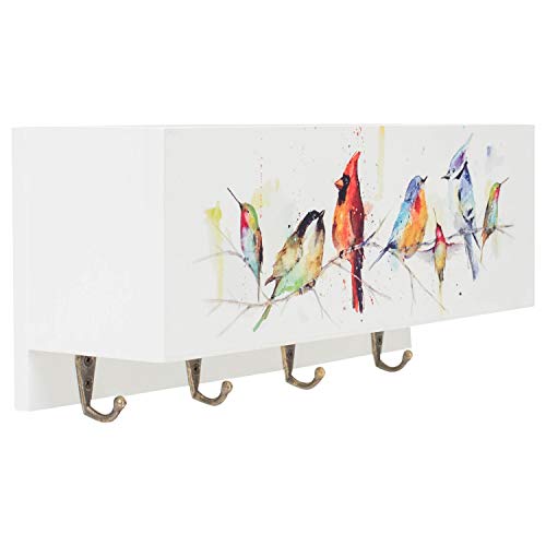 DEMDACO Dean Crouser Little Birds On A Branch Cardinal Nuthatch Bluejay Watercolor 10 x 4 Wood Mail Storage Organizer with Key Hooks