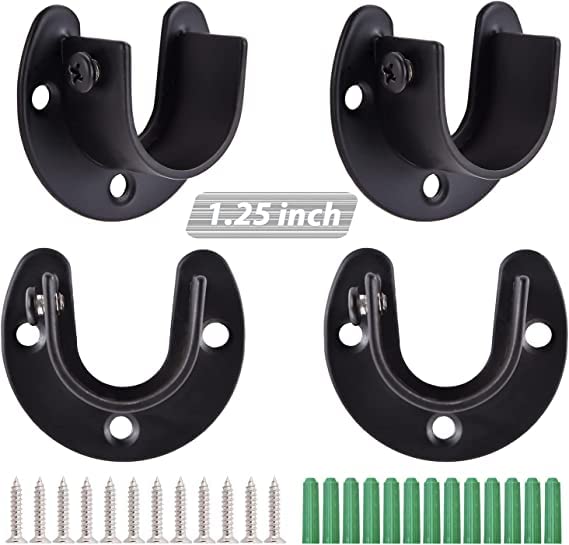 4 Pcs Closet Rod Brackets Heavy Duty Closet Rod Holder Matte Black Stainless Steel Closet Pole Bracket U Shape Shower Rod Holder 1 1/4inch Diameter Curtain Rod Bracket