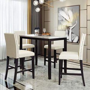 lz leisure zone 5 piece counter height dining table set, dining table and chairs set for 4, faux marble modern kitchen table with chairs for home or restaurant, white+beige