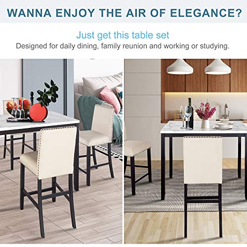 LZ LEISURE ZONE 5 Piece Counter Height Dining Table Set, Dining Table and Chairs Set for 4, Faux Marble Modern Kitchen Table with Chairs for Home or Restaurant, White+Beige