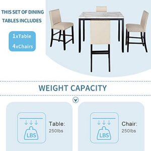 LZ LEISURE ZONE 5 Piece Counter Height Dining Table Set, Dining Table and Chairs Set for 4, Faux Marble Modern Kitchen Table with Chairs for Home or Restaurant, White+Beige