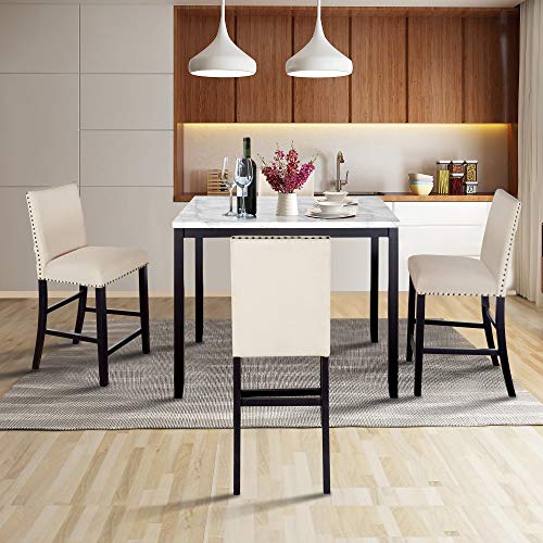 LZ LEISURE ZONE 5 Piece Counter Height Dining Table Set, Dining Table and Chairs Set for 4, Faux Marble Modern Kitchen Table with Chairs for Home or Restaurant, White+Beige