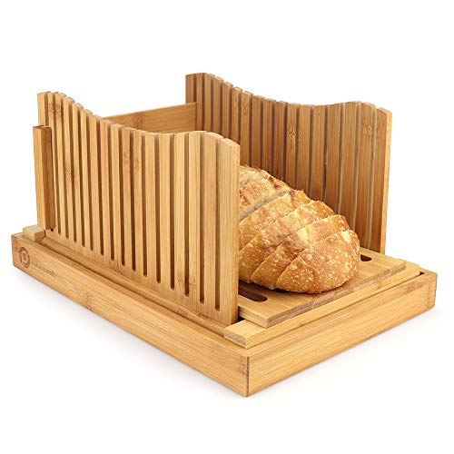 Pristine Bamboo Bamboo Bread Slicer for Homemade Bread Loaf – 3 Thickness Size – Foldable Compact Chopping Cutting Board with Crumb Tray – Ideal for Homemade Bread, Cake, Bagels