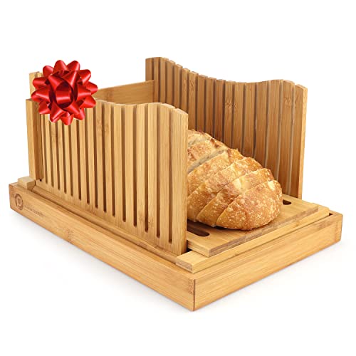 Pristine Bamboo Bamboo Bread Slicer for Homemade Bread Loaf – 3 Thickness Size – Foldable Compact Chopping Cutting Board with Crumb Tray – Ideal for Homemade Bread, Cake, Bagels