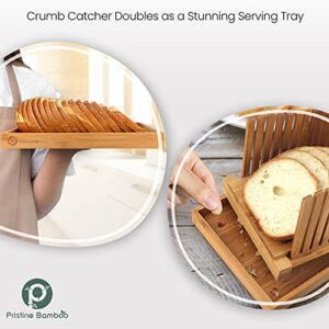 Pristine Bamboo Bamboo Bread Slicer for Homemade Bread Loaf – 3 Thickness Size – Foldable Compact Chopping Cutting Board with Crumb Tray – Ideal for Homemade Bread, Cake, Bagels