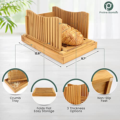 Pristine Bamboo Bamboo Bread Slicer for Homemade Bread Loaf – 3 Thickness Size – Foldable Compact Chopping Cutting Board with Crumb Tray – Ideal for Homemade Bread, Cake, Bagels