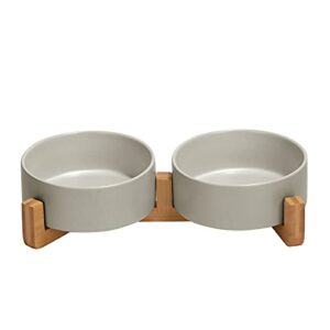 ceramic dog and cat bowl with wood stand non-slip matte glaze weighted food water set for cats &small dogs 13.5oz
