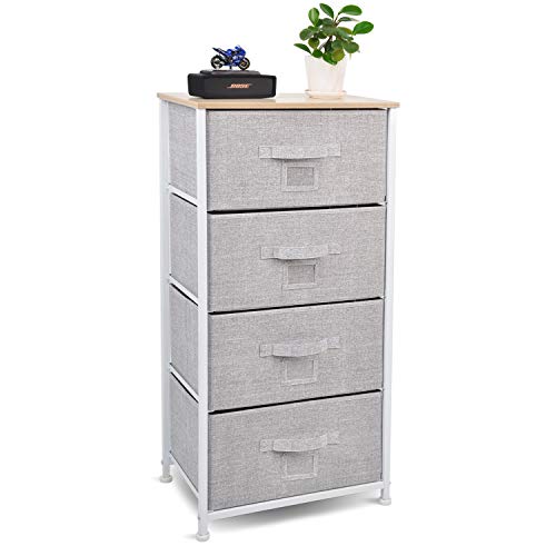 CERBIOR Drawer Dresser Closet Storage Organizer with Label Card 4-Drawer Closet Shelves, Sturdy Steel Frame Wood Top with Easy Pull Fabric Bins for Clothing, Blankets - Grey