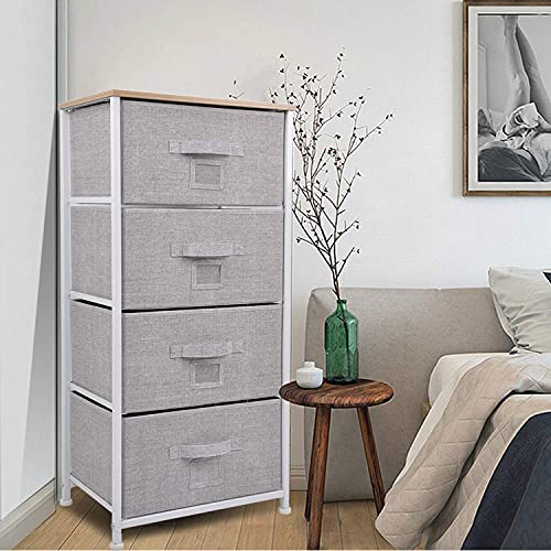 CERBIOR Drawer Dresser Closet Storage Organizer with Label Card 4-Drawer Closet Shelves, Sturdy Steel Frame Wood Top with Easy Pull Fabric Bins for Clothing, Blankets - Grey