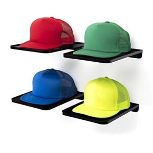 boxy concepts hat rack for wall - pack of 4 premium hat organizer for baseball caps - hat storage, hat holder, & hanger your ball caps - plastic wall mountable display shelf with 3m foam adhesive tape