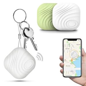 key finder locator (pack of 2), smart bluetooth item tracker & finder device for wallet, phone, dogs, cats - anti-lost bidirectional alarm reminder - replaceable battery, white + green