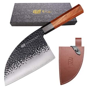 findking dynasty series serbian chefs knife with leather sheath, heavy duty meat cleaver, 9cr18mov high carbon steel blade, african rosewood octagonal handle, for meat, chicken bones, 6.5 inches