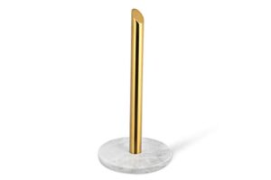roomoxie marble paper towel holder stand angled golden steel rod with natural white marble base, paper towel holder countertop 13 inch - heavy duty weighted paper towel holder