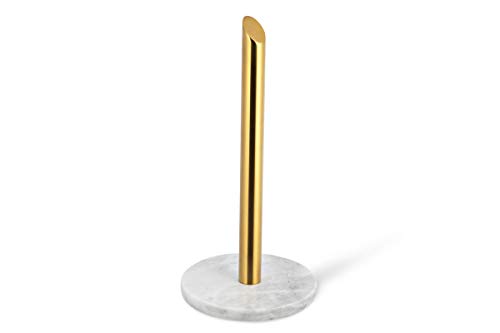 ROOMOXIE Marble Paper Towel Holder Stand Angled Golden Steel Rod with Natural White Marble Base, Paper Towel Holder countertop 13 inch - Heavy Duty Weighted Paper Towel Holder