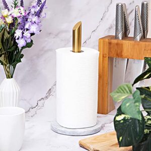 ROOMOXIE Marble Paper Towel Holder Stand Angled Golden Steel Rod with Natural White Marble Base, Paper Towel Holder countertop 13 inch - Heavy Duty Weighted Paper Towel Holder