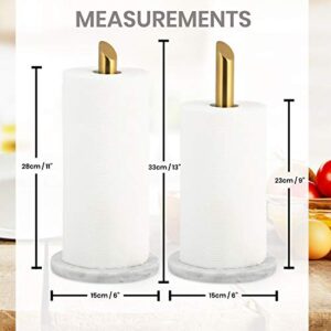 ROOMOXIE Marble Paper Towel Holder Stand Angled Golden Steel Rod with Natural White Marble Base, Paper Towel Holder countertop 13 inch - Heavy Duty Weighted Paper Towel Holder