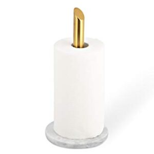 ROOMOXIE Marble Paper Towel Holder Stand Angled Golden Steel Rod with Natural White Marble Base, Paper Towel Holder countertop 13 inch - Heavy Duty Weighted Paper Towel Holder