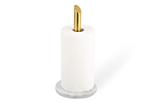 ROOMOXIE Marble Paper Towel Holder Stand Angled Golden Steel Rod with Natural White Marble Base, Paper Towel Holder countertop 13 inch - Heavy Duty Weighted Paper Towel Holder