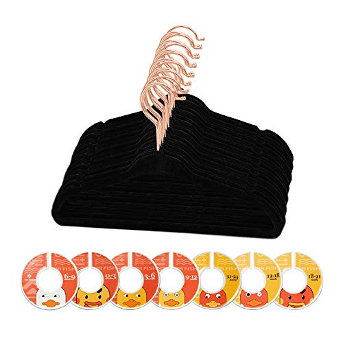 BBFISH Kids Hangers with Rose Gold Hooks, 50Pack Children Velvet Hangers Non Slip Clothes Racks with 7 Pcs Baby Clothing Dividers (Black)