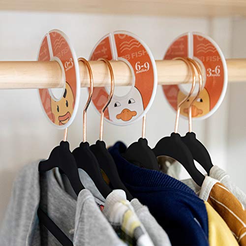 BBFISH Kids Hangers with Rose Gold Hooks, 50Pack Children Velvet Hangers Non Slip Clothes Racks with 7 Pcs Baby Clothing Dividers (Black)