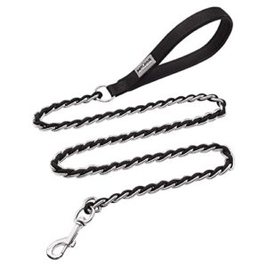 chew proof metal leash chain dog leash for medium large dogs, chain link dog leash anti chew 5ft strong anti bite dog leash comfortable soft padded handle black