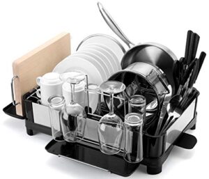 drizom dish rack - fingerprint-proof 304 stainless steel pot dish drying rack for kitchen counter, fully customizable cutlery rack, cups holder and cutting board rack - dish drainer for large capacity