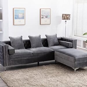 Legend Vansen Velvet Sofa sectional for Living Room with Ottoman Chaise Reversible L Shaped Couch Sleeper, 104", Grey