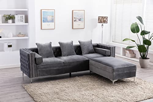 Legend Vansen Velvet Sofa sectional for Living Room with Ottoman Chaise Reversible L Shaped Couch Sleeper, 104", Grey