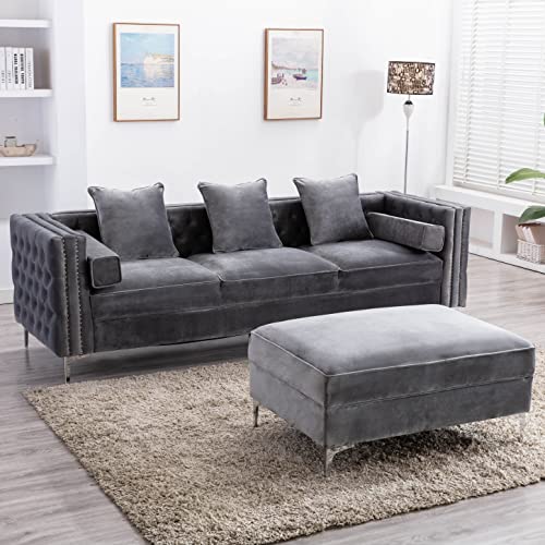 Legend Vansen Velvet Sofa sectional for Living Room with Ottoman Chaise Reversible L Shaped Couch Sleeper, 104", Grey