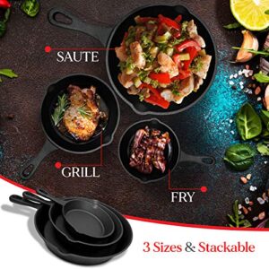 NutriChef Pre-Seasoned Cast Iron Skillet 3 Pieces Kitchen Frying Pan Nonstick Cookware Set w/Drip Spout-Silicone Handles, Scraper-Electric Stovetop, Induction, Gas Range, Ceramic, NCCI76, Black