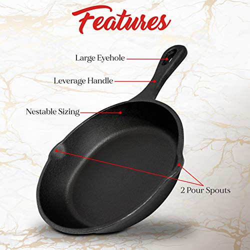 NutriChef Pre-Seasoned Cast Iron Skillet 3 Pieces Kitchen Frying Pan Nonstick Cookware Set w/Drip Spout-Silicone Handles, Scraper-Electric Stovetop, Induction, Gas Range, Ceramic, NCCI76, Black