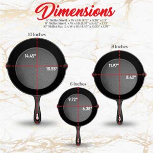 NutriChef Pre-Seasoned Cast Iron Skillet 3 Pieces Kitchen Frying Pan Nonstick Cookware Set w/Drip Spout-Silicone Handles, Scraper-Electric Stovetop, Induction, Gas Range, Ceramic, NCCI76, Black