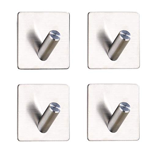 4 Pack Adhesive Hooks Metal Heavy Duty Wall Mounted 3M Sticky Hook for Hanging Coat, Scarf, Bag, Towel, Keys for Home, Bedroom, Entryway NO Damage Wall Hangers Square Brushed Nickel