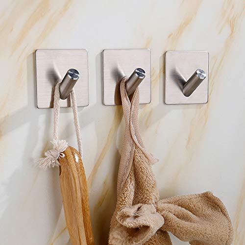 4 Pack Adhesive Hooks Metal Heavy Duty Wall Mounted 3M Sticky Hook for Hanging Coat, Scarf, Bag, Towel, Keys for Home, Bedroom, Entryway NO Damage Wall Hangers Square Brushed Nickel