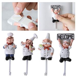 4 PCS Cute French Chef Design Adhesive Wall Hooks Heavy Duty Cook Wall Mount Rack Hook Hanger Kitchen Home Decoration