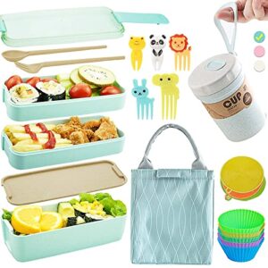 Bento Box Japanese Lunch Box Kit (11 PCS) 3-In-1 Compartment, Leak-proof Bento Lunch Box Meal Prep Containers with Utensils, Bento Boxes for Adults/Kids (Green)