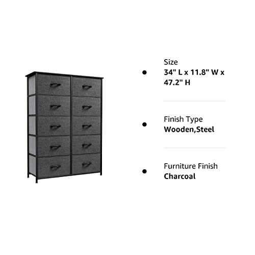 YITAHOME 10 Drawer Dresser - Fabric Storage Tower, Organizer Unit for Bedroom, Living Room, Hallway, Closets & Nursery - Sturdy Steel Frame, Wooden Top & Easy Pull Fabric Bins (Charcoal)