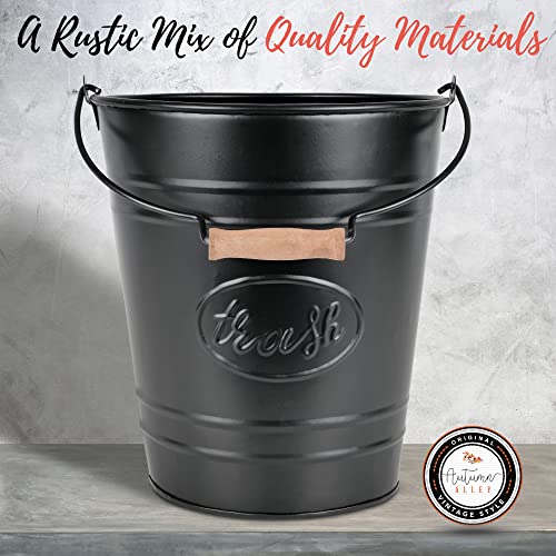 Autumn Alley Farmhouse Bathroom Trash Can - Rustic Black Trash Can Bucket with Wooden Handle for Rustic Bathroom, Farmhouse Kitchen, Country Home Décor, 7 Liters, Matte Black