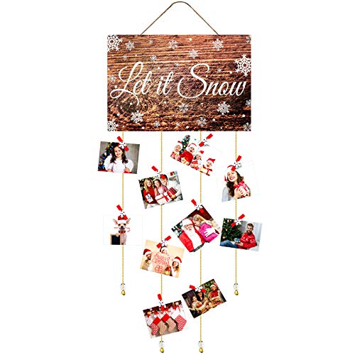 Christmas Card Holder Display Wooden Christmas Tree Let It Snow Wall Hanging Picture Holder with 35 Snowflake Wooden Photo Clips Picture Frame Decoration for Hanging Christmas Cards Photo Paper Crafts