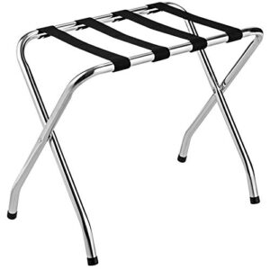 tangkula chrome luggage rack for guest room, no assembly required, folding metal suitcase stand with nylon belts, for home bedroom guest room hotel, luggage rack, silver (1)