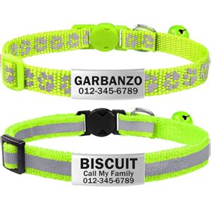 tagme 2 pack personalized reflective cat collars breakaway with bell, 7-12 inch adjustable pet collars for boy & girl cats, green