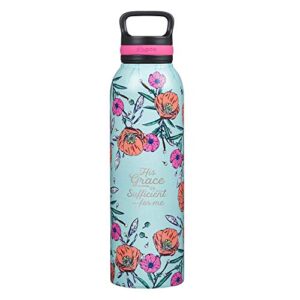 christian art gifts stainless steel double wall vacuum insulated water bottle for women: his grace is sufficient - 2 corinthians 12:9 inspirational verse w/carry handle lid, teal multi floral, 24 oz.