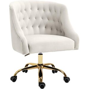 meridian furniture arden collection modern | contemporary velvet upholstered swivel and adjustable office chair with deep button tufting, 25.5" w x 23" d x 33"-36" h, cream,durable rich gold base