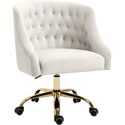 Meridian Furniture Arden Collection Modern | Contemporary Velvet Upholstered Swivel and Adjustable Office Chair with Deep Button Tufting, 25.5" W x 23" D x 33"-36" H, Cream,Durable Rich Gold Base