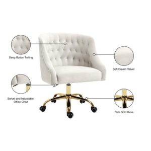 Meridian Furniture Arden Collection Modern | Contemporary Velvet Upholstered Swivel and Adjustable Office Chair with Deep Button Tufting, 25.5" W x 23" D x 33"-36" H, Cream,Durable Rich Gold Base